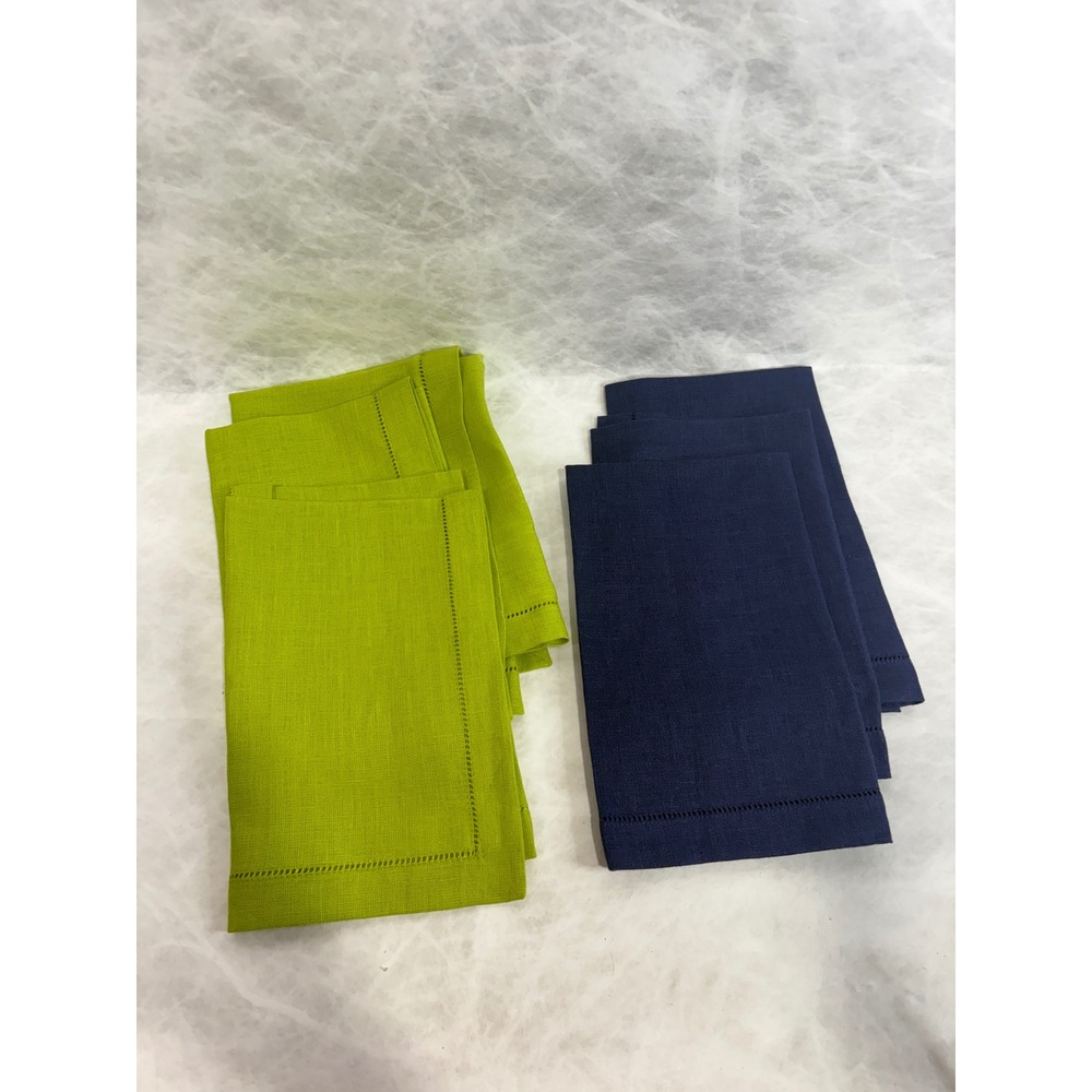Sferra Festival Linen Hemstitch Napkins Set 3 Navy Blue 3 Lime Green 100% Linen